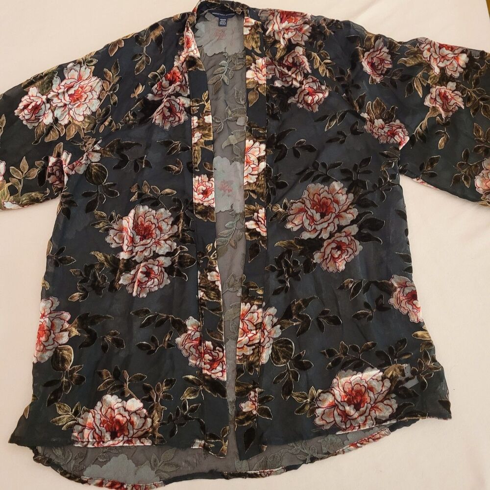 American Eagle Outfitters 3/4 Sleeve Velour Pink Floral Mesh Open Top Medium